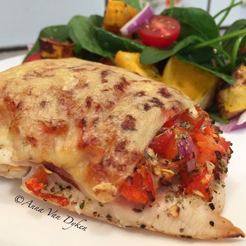 Pizza – Topped Chicken Breast With Salad