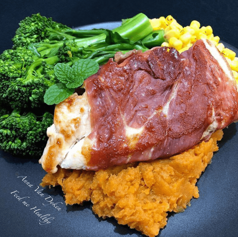 Prosciutto wrapped Chicken Breast with Sweet Potato Mash, Broccolini & Sweet Corn.