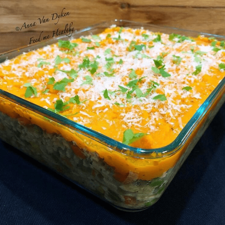 Creamy Chicken Cottage Pie With Parmesan Pumpkin Mash.