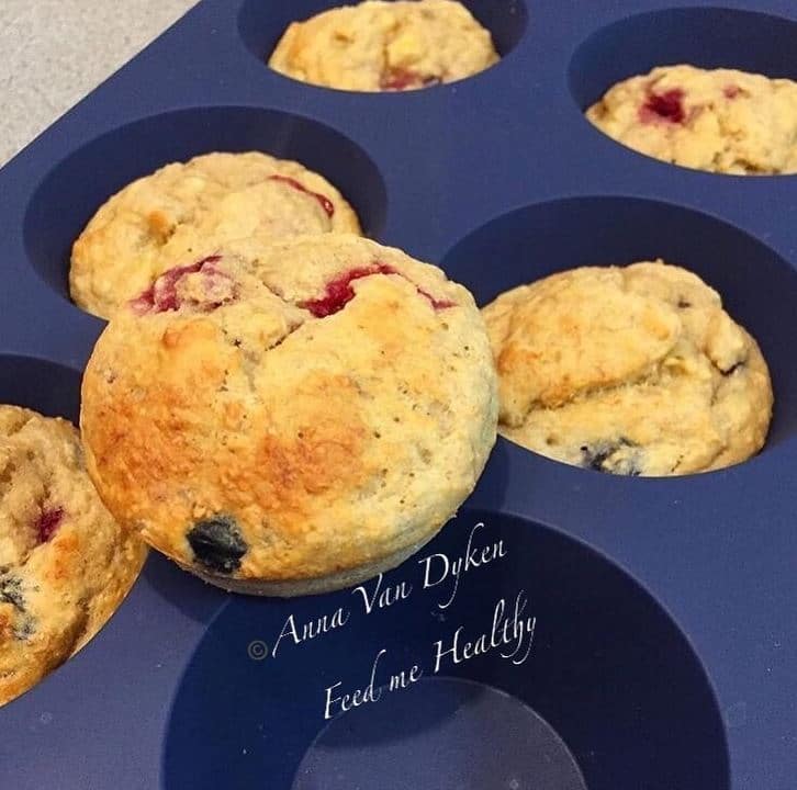 Banana Blueberry & Raspberry Muffins.