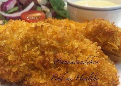 Crunchy Cornflake Crumbed Chicken tenders with Honey Mustard Sauce