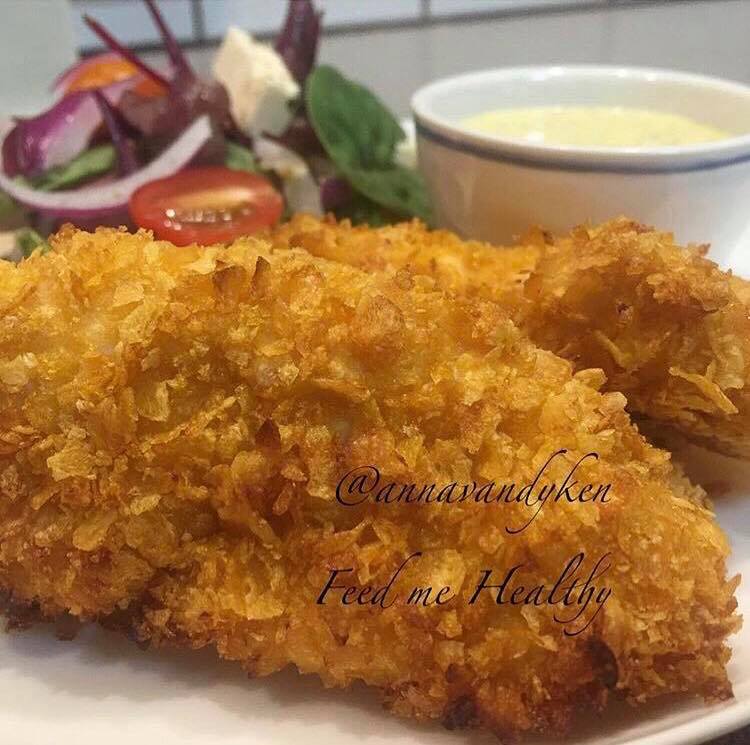 Crunchy Cornflake Crumbed Chicken tenders with Honey Mustard Sauce